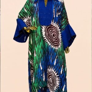 Exquisite African print kaftan set with vibrant blue, green, and brown designs, showcased on a gold mannequin.