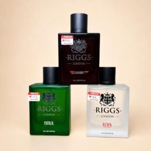 Three luxury perfume bottles from Riggs London, featuring Chief, Patrol, and Icon scents.
