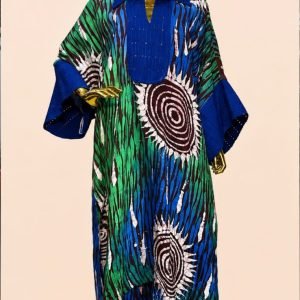 Exquisite African print kaftan set with vibrant blue, green, and brown designs, showcased on a gold mannequin.